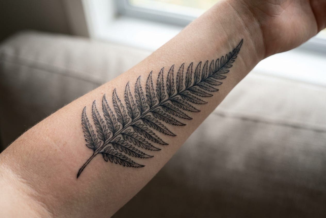 Black and grey silver fern frond tattoo running along a forearm