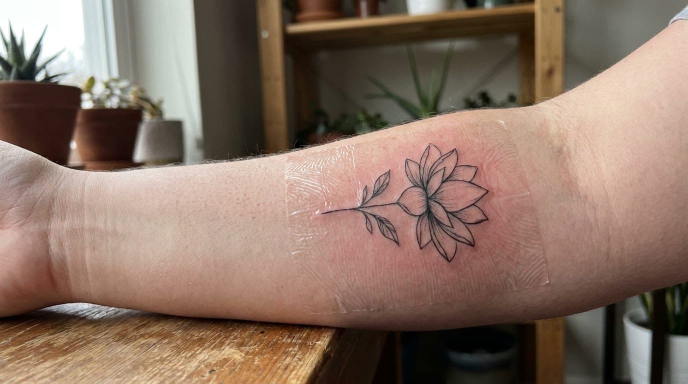 Freshly done fine line lotus flower tattoo on a forearm, covered with clear protective wrap