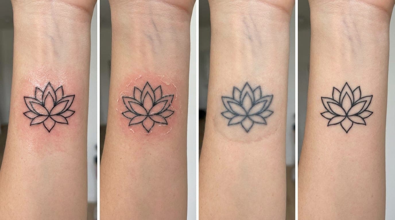 The same lotus tattoo at four healing stages: fresh and red, peeling, cloudy, then fully healed