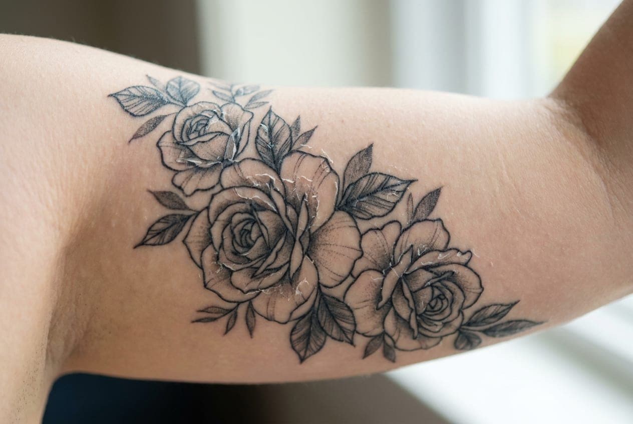 Black and grey rose tattoo on an upper arm with light, normal peeling about a week into healing